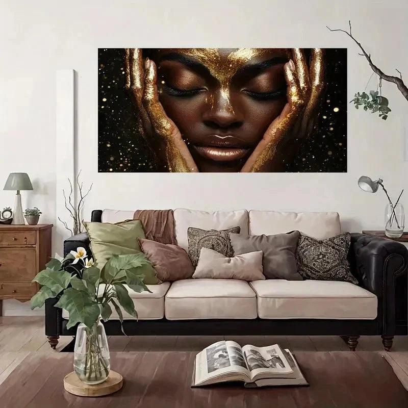 Golden Glamour Face Wall Art Canvas Office Home Room Framed 80x45cm