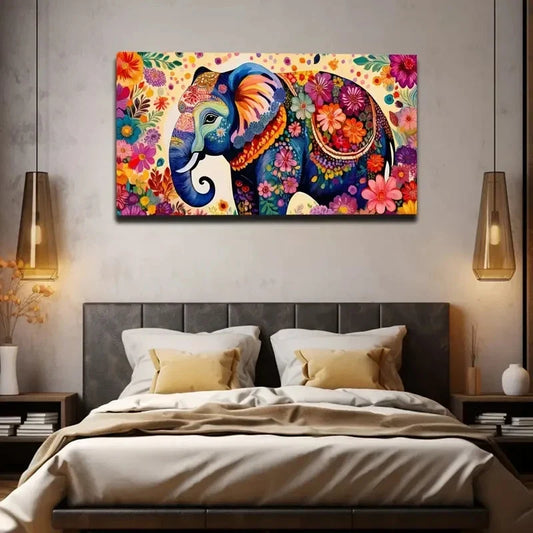 Vibrant Elephant Floral Wall Art Canvas Office Home Room Framed 80x45cm