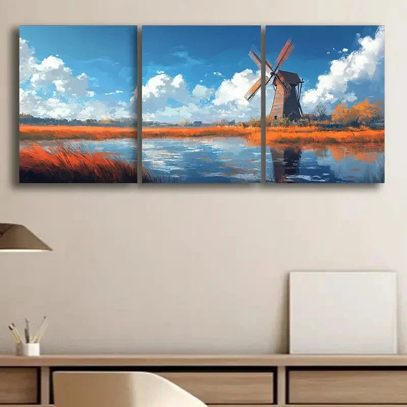 3pcs A Windmill on the Water Perfect Wall Art Set Canvas Framed 40x60cm - High Quality Print 100% Australian Made Wall Canvas Ready to Hang