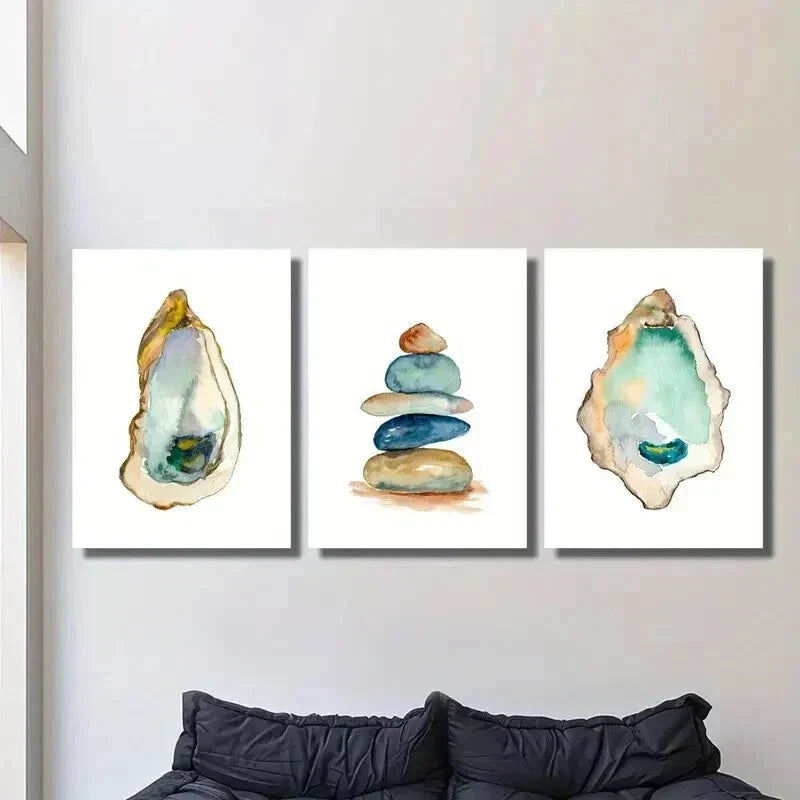 3pcs Balancing Zen Stones Ocean Oyster Wall Art Set Canvas Framed 40x60cm - High Quality Print 100% Australian Made Wall Canvas Ready to Hang