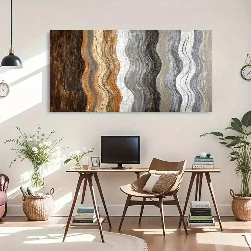 Neutral Tones Contemporary Wavy Wall Art Canvas Office Home Room Framed 80x45cm