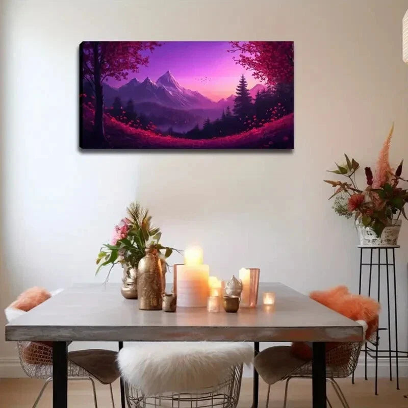 Majestic Purple Sky Lush Forest Wall Art Canvas Office Home Room Framed 120x60cm