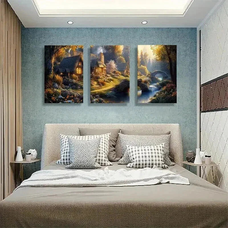3pcs Enchanted Cottage Landscape Nature Perfect Wall Art Set Canvas Framed 40x60cm - High Quality Print 100% Australian Made Wall Canvas Ready to Hang