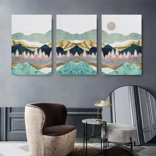 3pcs Abstract Mountain & Forest Golden Accents Metal Print Ready to Hang Art