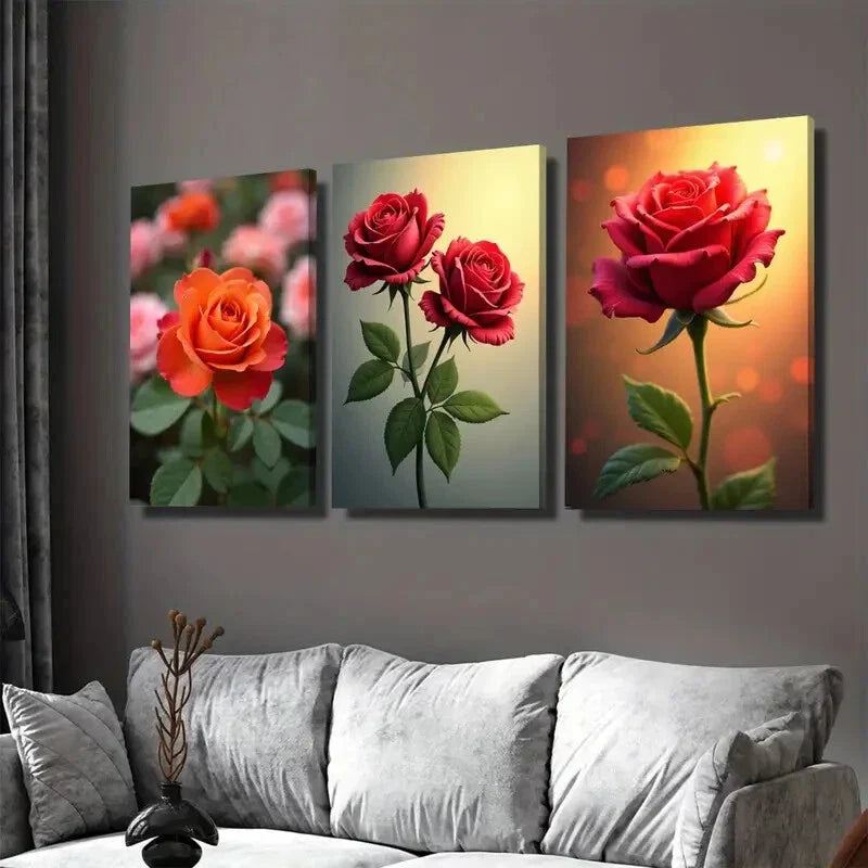 3pcs Vibrant Rose Flower Green Picture Wall Art Set Canvas Framed 40x60cm - High Quality Print 100% Australian Made Wall Canvas Ready to Hang