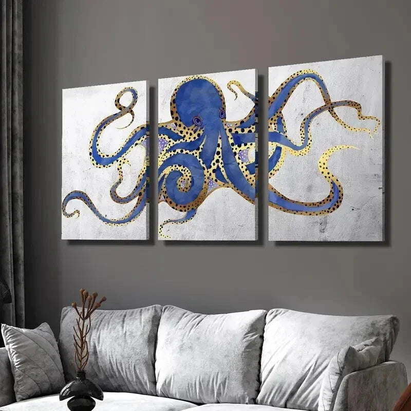 3pcs Navy Golden Blue and Gray Abstract Octopus Wall Art Set Canvas Framed 40x60cm - High Quality Print 100% Australian Made Wall Canvas Ready to Hang