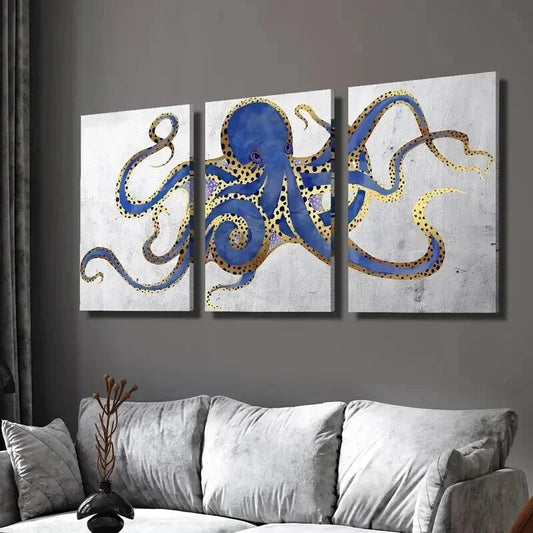 3pcs Navy Golden Blue and Gray Abstract Octopus Wall Art Set Canvas Framed 40x60cm - High Quality Print 100% Australian Made Wall Canvas Ready to Hang