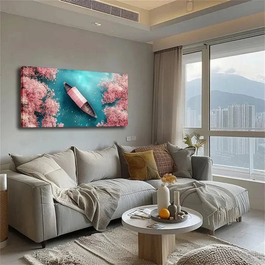Serene Pink Blossom Trees Wall Art Canvas Office Home Room Framed 80x45cm