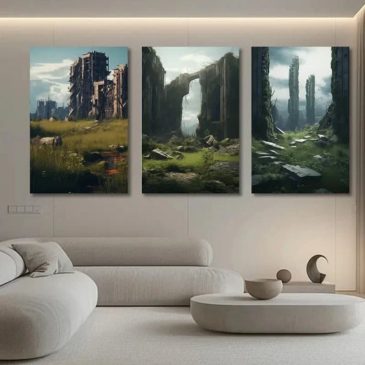 3pcs Ruins Black Stones Buildings Metal Print Ready to Hang Art
