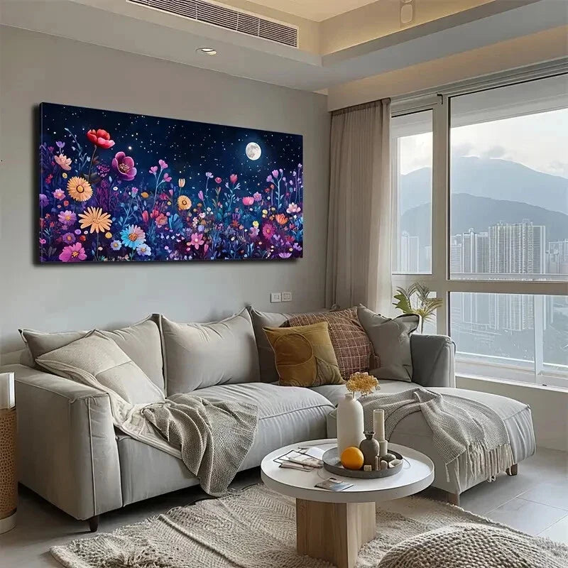 Starry Sky & Vibrant Floral Wall Art Canvas Office Home Room Framed 120x60cm