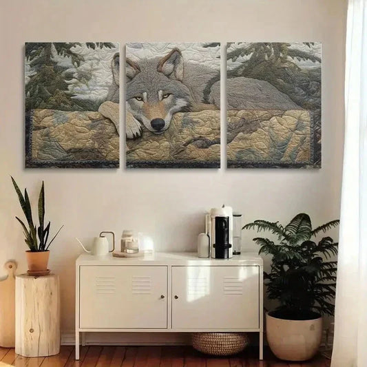 3pcs Gray Wolf Resting on Rocky Landscape Metal Print Ready to Hang Art