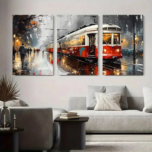 3pcs Colorful Urban Streetcar Painting Tram Metal Print Ready to Hang Art