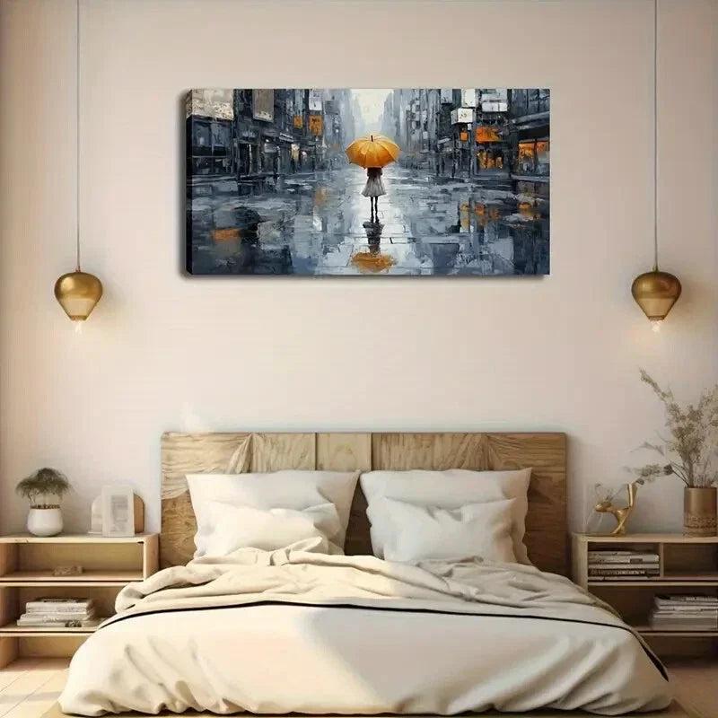 Little Girl Yellow Umbrella Wall Art Canvas Office Home Room Framed 80x45cm