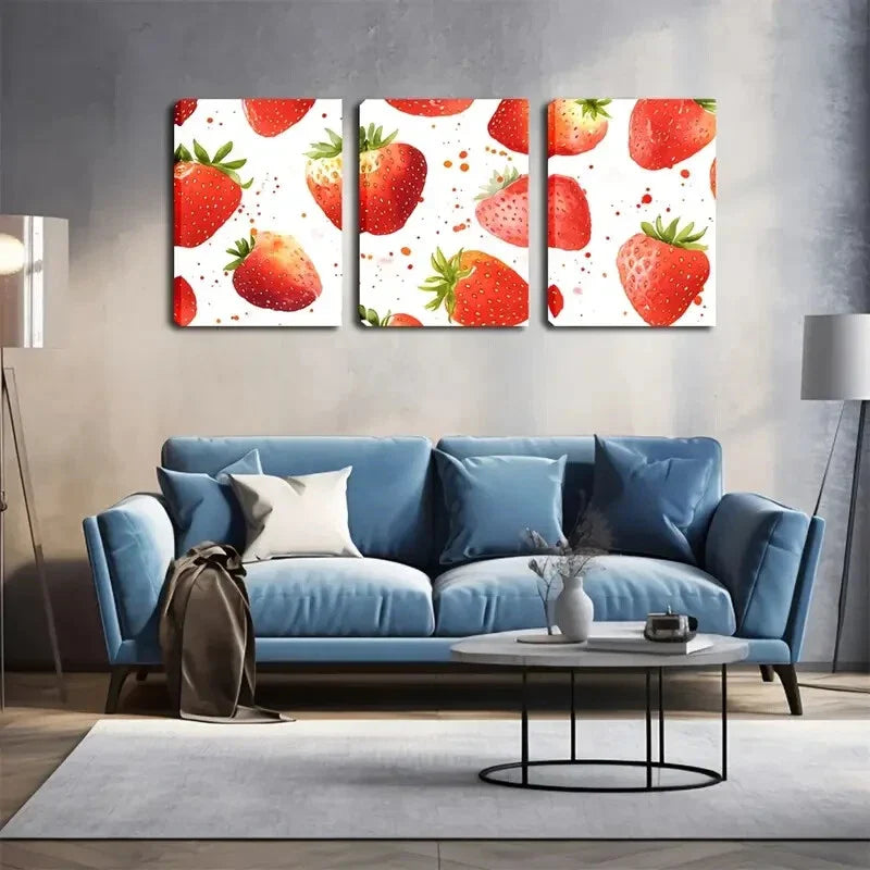 3pcs Vibrant Red Strawberries with Green Leaves Wall Art Set Canvas Framed 40x60cm - High Quality Print 100% Australian Made Wall Canvas Ready to Hang