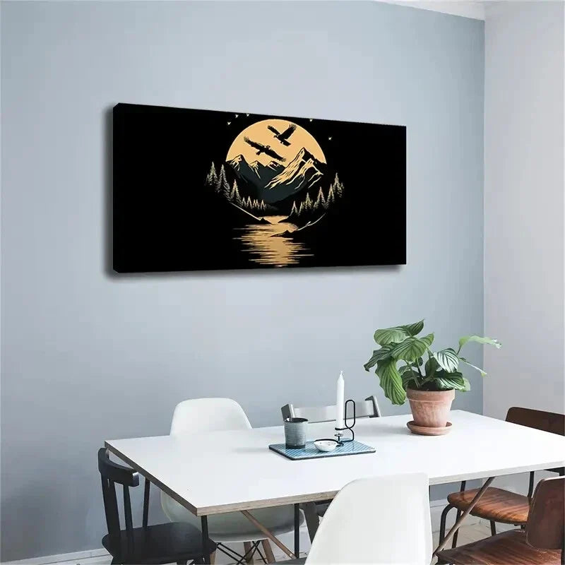 Mountain Moon Silhouette Dark Wall Art Canvas Office Home Room Framed 120x60cm