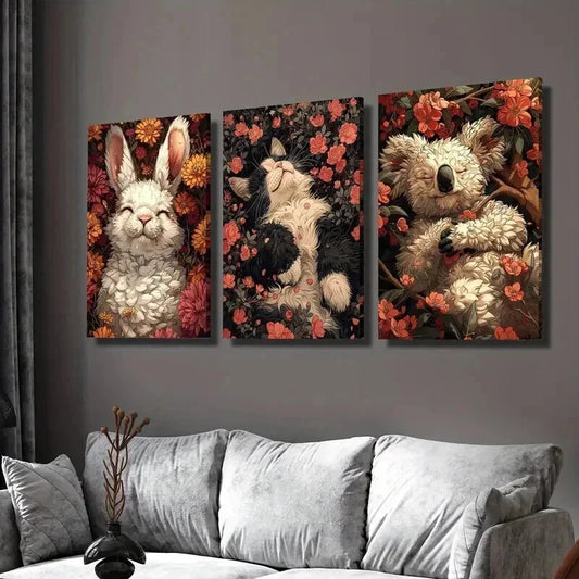 3pcs Rabbit Cat & Koala Sleeping on Flowers Wall Art Set Canvas Framed 40x60cm - High Quality Print 100% Australian Made Wall Canvas Ready to Hang