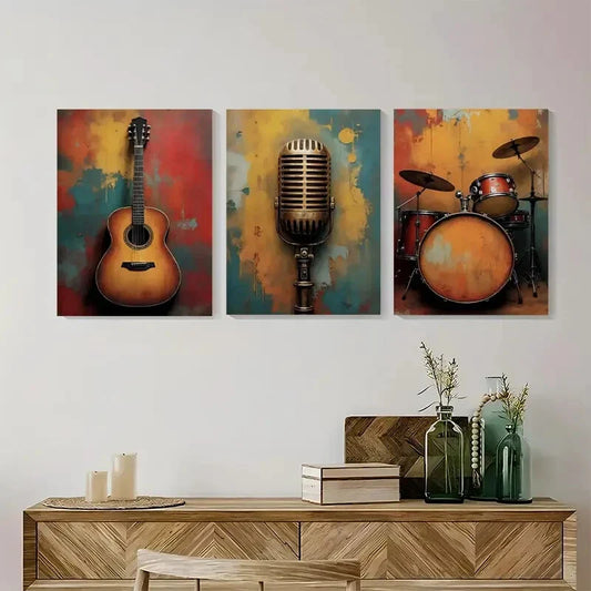 3pcs Vintage Guitar, Microphone & Drum Metal Print Ready to Hang Art