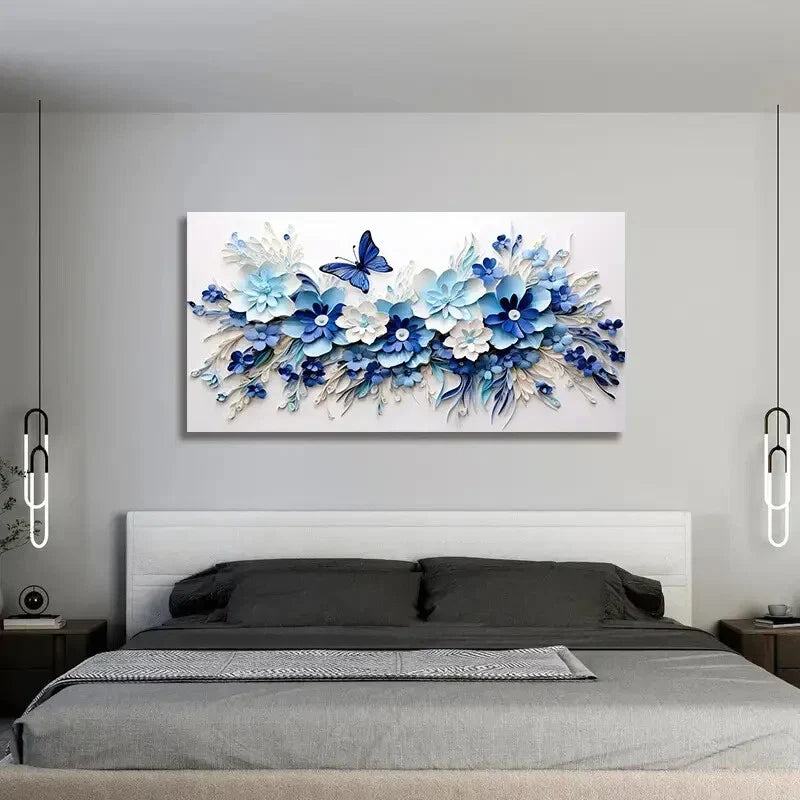 Blue Floral & Butterflies wall canvas office home room framed 120x60cm