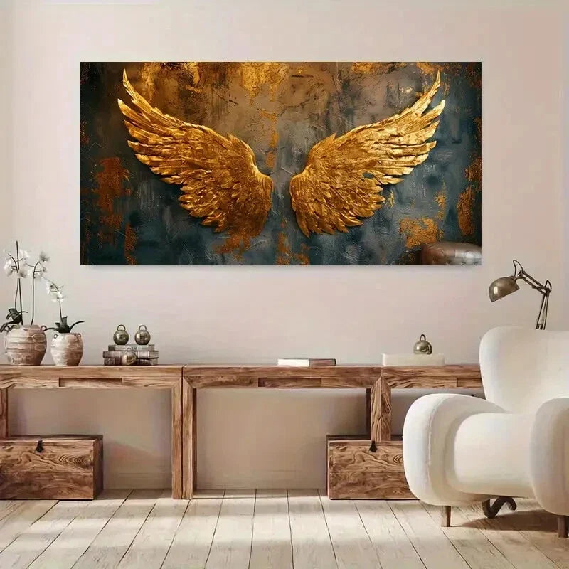 Elegant Golden Angel Wings wall canvas office home room framed 80x45cm