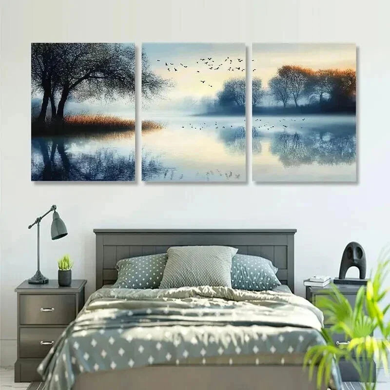 3pcs Serene Sunrise Lake & Misty Morning Wall Art Set Canvas Framed 40x60cm - High Quality Print 100% Australian Made Wall Canvas Ready to Hang