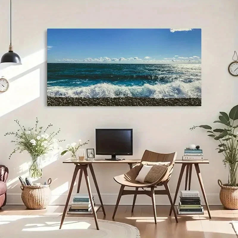 Cyan Sea Ocean Landscape Wall Art Canvas Office Home Room Framed 80x45cm