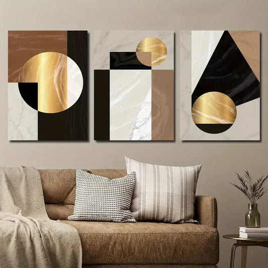 3pcs Abstract Geometric Shape Luxury Golden Metal Print Ready to Hang Art