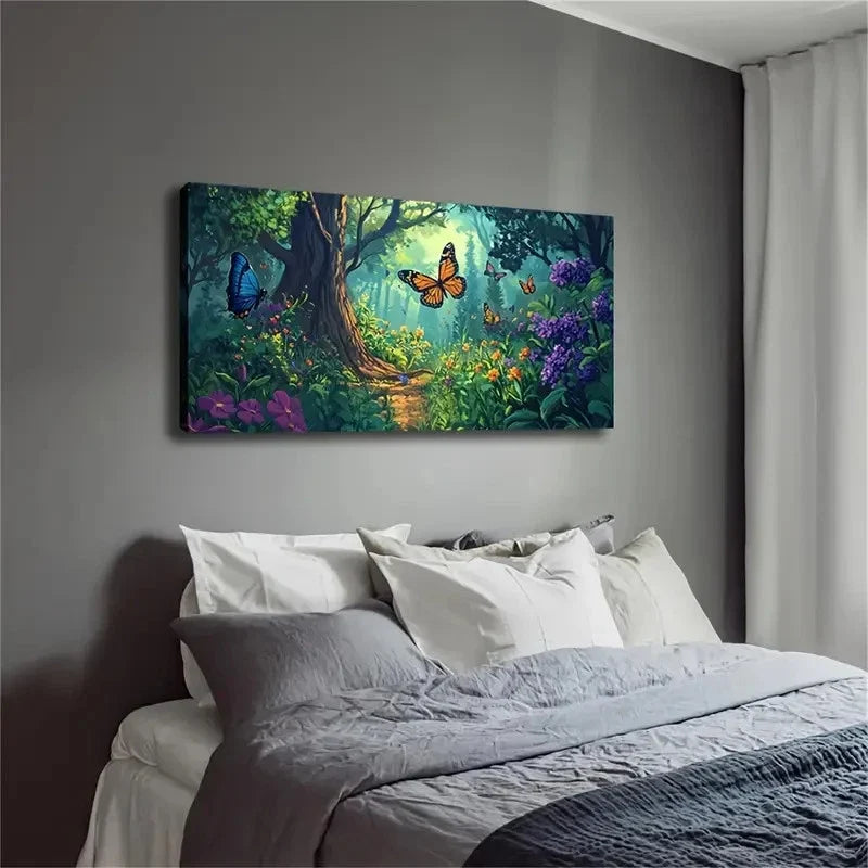 Purple Flowers & Butterflies Wall Art Canvas Office Home Room Framed 120x60cm