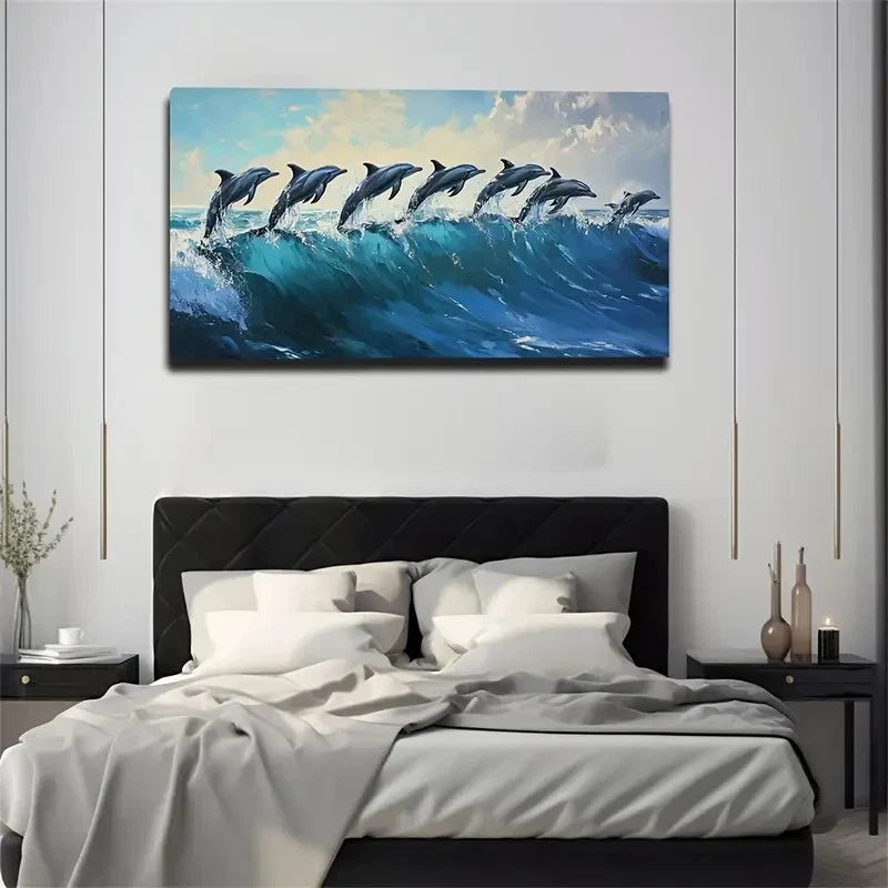 Seamless Dolphin Pod Leap Decor Wall Art Canvas Office Home Room Framed 120x60cm