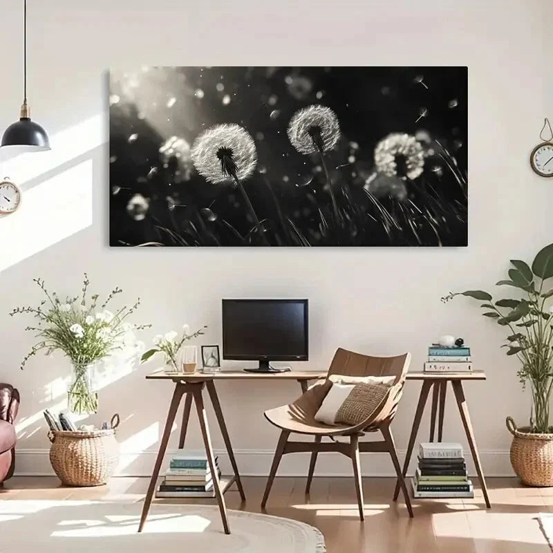Black & White Dandelion Modern Wall Art Canvas Office Home Room Framed 80x45cm