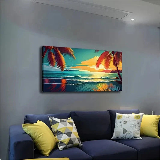 Tropical Beach Sunset Ocean Wall Art Canvas Office Home Room Framed 120x60cm