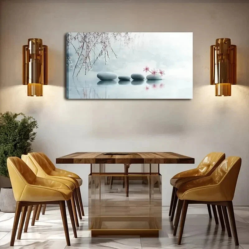 Gray Pebbles & Pink Flowers Wall Art Canvas Office Home Room Framed 120x60cm