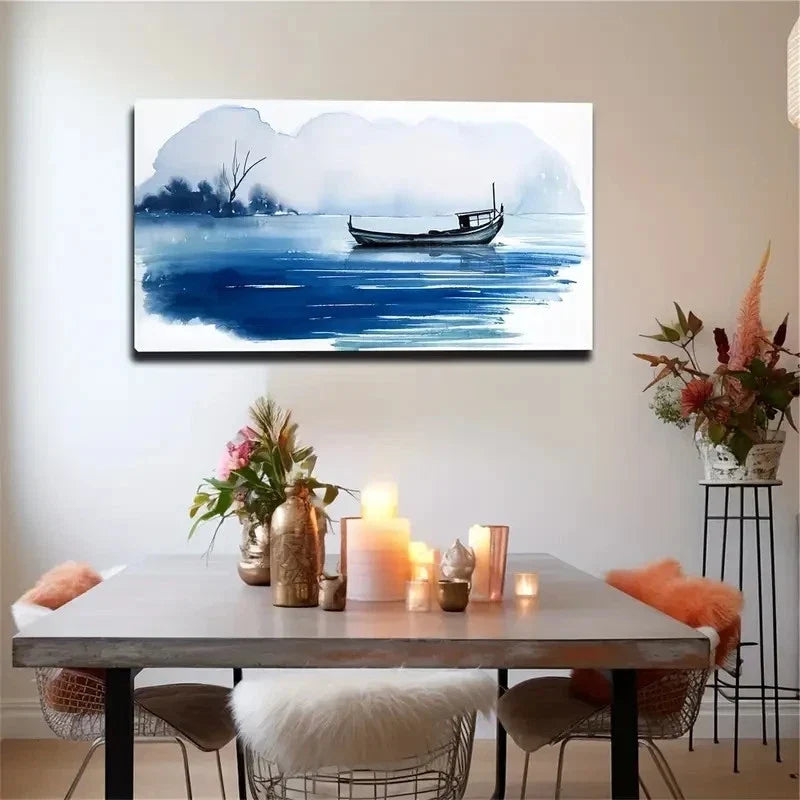 Boat On The River Suitable Wall Art Canvas Office Home Room Framed 80x45cm