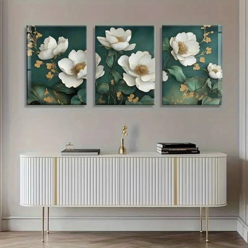 3pcs White Magnolia Flowers with Golden Perfect Wall Art Set Canvas Framed 40x60cm - High Quality Print 100% Australian Made Wall Canvas Ready to Hang