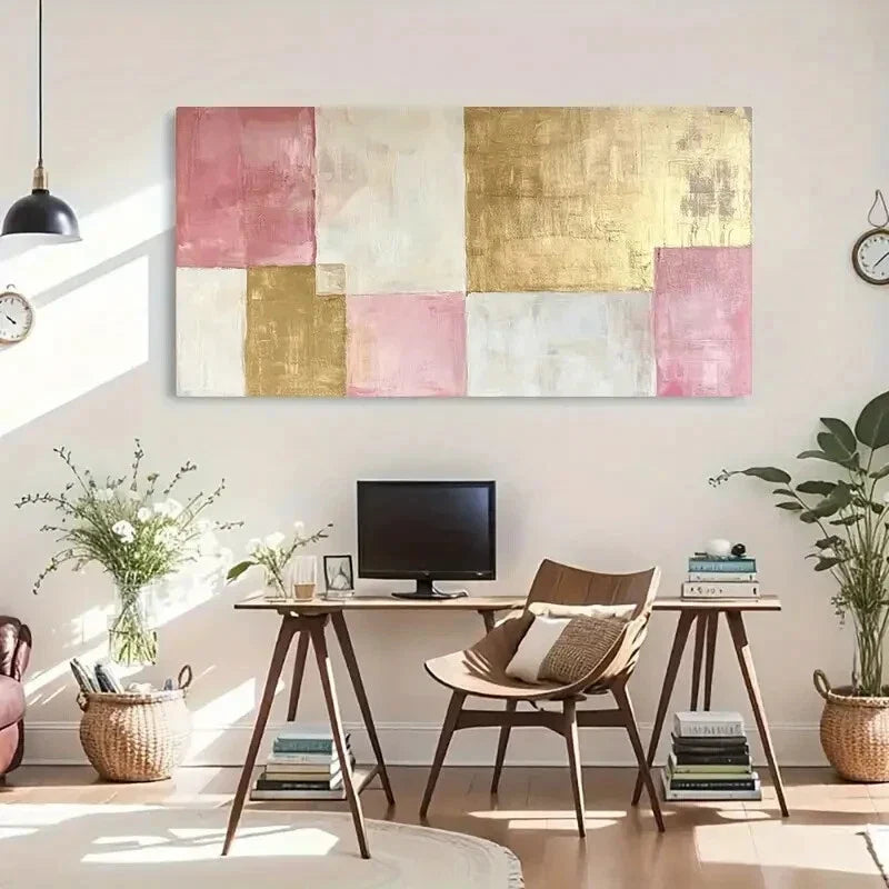 Golden Accents Pink Abstract Wall Art Canvas Office Home Room Framed 120x60cm