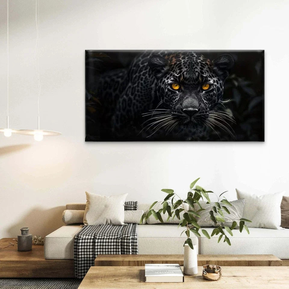 Black Jaguar with Amber Eyes Wall Art Canvas Office Home Room Framed 80x45cm