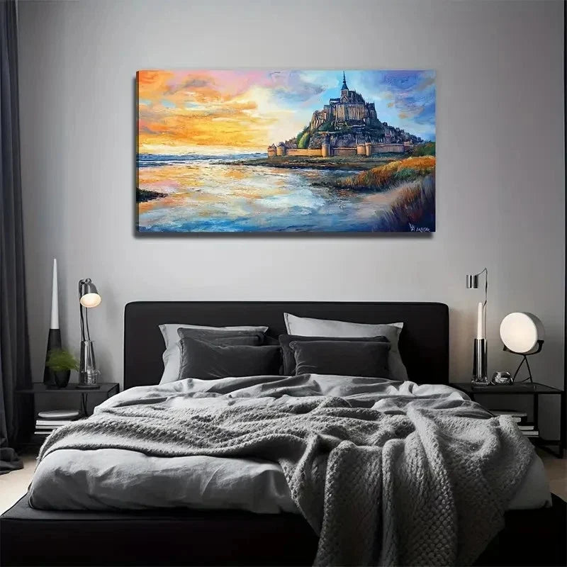 Magical Castle By The Lake Wall Art Canvas Office Home Room Framed 80x45cm