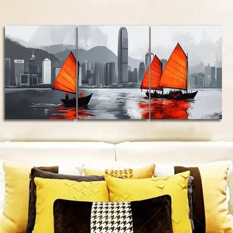 3pcs Featuring The Hong Kong Harbor Metal Print Ready to Hang Art