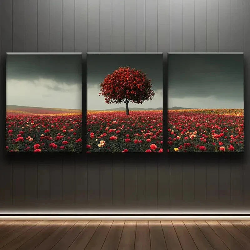3pcs Large Field of Roses Red Darkness Perfect Wall Art Set Canvas Framed 40x60cm - High Quality Print 100% Australian Made Wall Canvas Ready to Hang