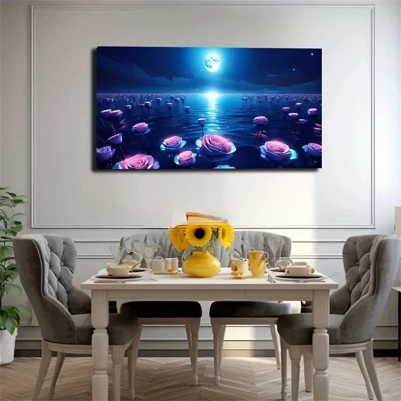 Enchanting Roses At Moonlit Sea Wall Art Canvas Office Home Room Framed 120x60cm