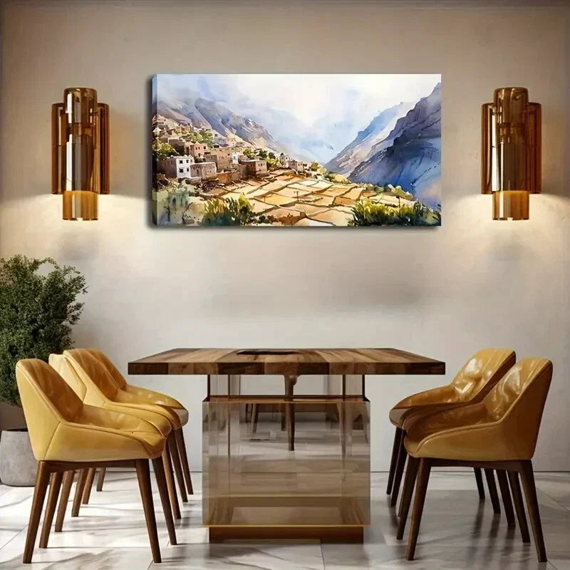 Mountain Village Scene Décor Wall Art Canvas Office Home Room Framed 120x60cm