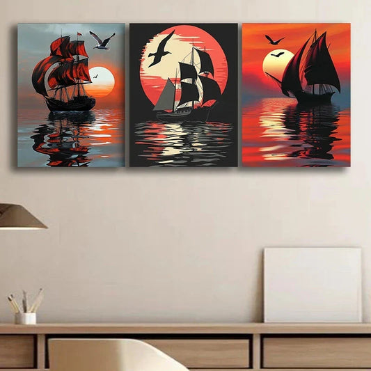 3pcs Sailboat Sunset Nautical Themed Metal Print Ready to Hang Art