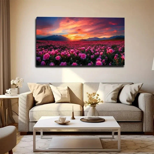 Pink Peony Field Suitable Wall Art canvas office home room framed 120x60cm