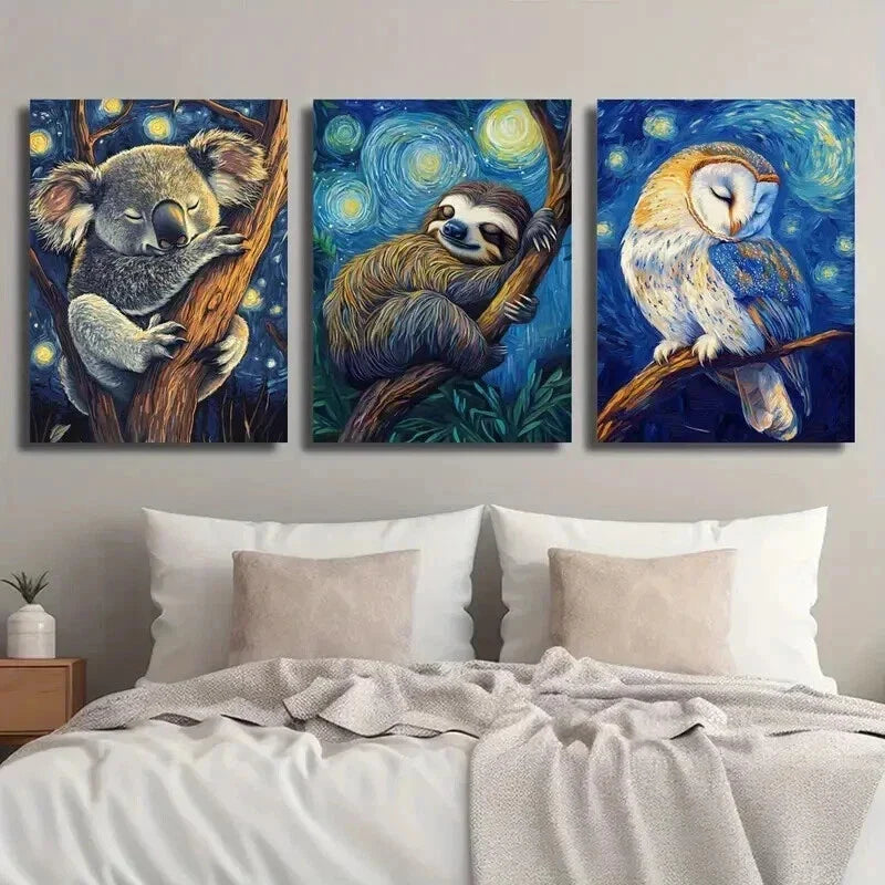 3pcs Koala Sloth Owl Sleeping in Starry Night Wall Art Set Canvas Framed 40x60cm - High Quality Print 100% Australian Made Wall Canvas Ready to Hang