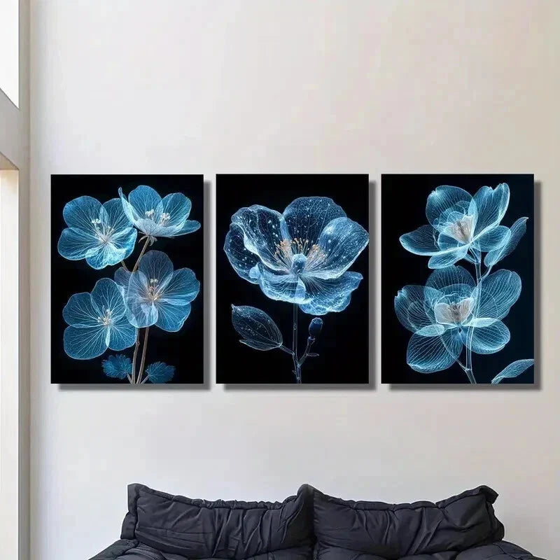 3pcs Bright Blue Flower on Dark Background Wall Art Set Canvas Framed 40x60cm - High Quality Print 100% Australian Made Wall Canvas Ready to Hang