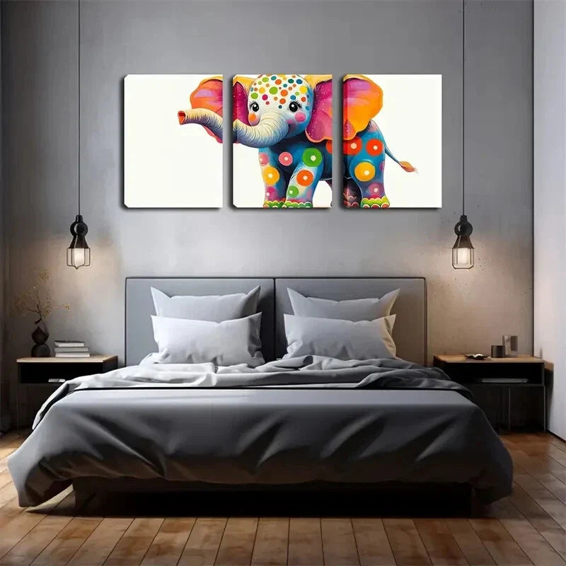 3pcs Cute Elephants Dressed in Colorful Circles Wall Art Set Canvas Framed 40x60cm - High Quality Print 100% Australian Made Wall Canvas Ready to Hang
