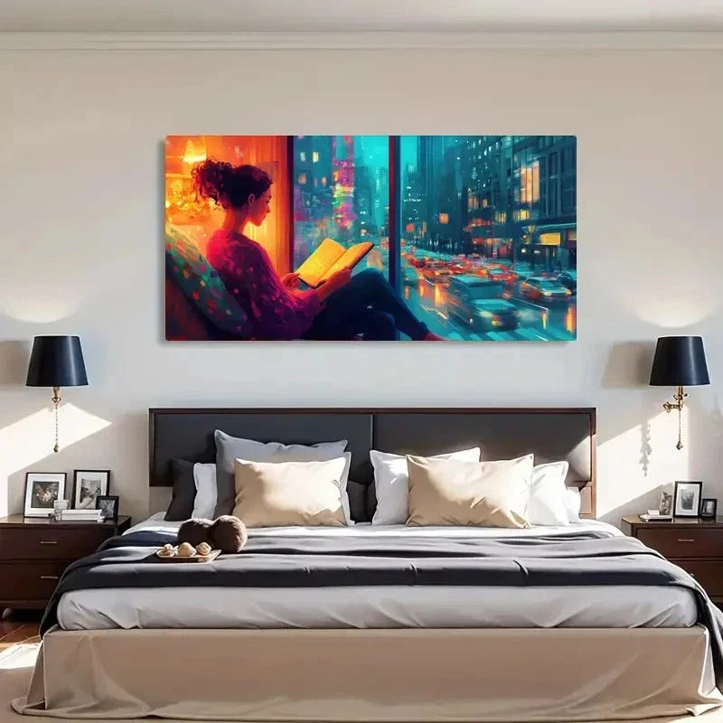 Cityscape Girl Rain Reading Wall Art Canvas Office Home Room Framed 120x60cm