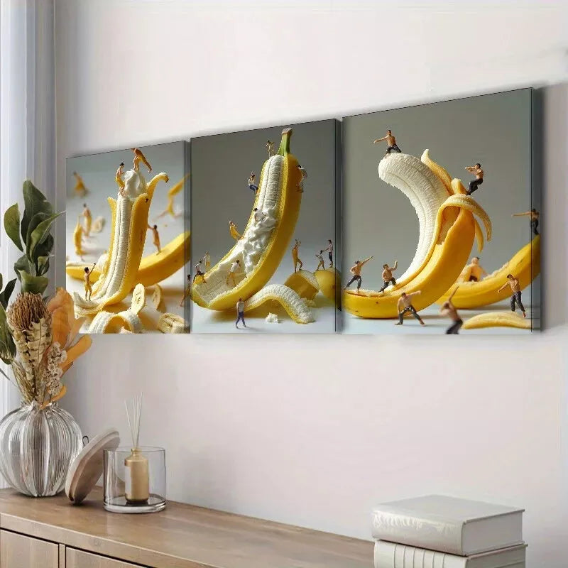 3pcs The Little Man Climbed On The Banana Wall Art Set Canvas Framed 40x60cm - High Quality Print 100% Australian Made Wall Canvas Ready to Hang
