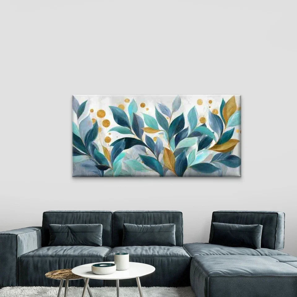 Vintage Leaf with Golden Dots, Wall Art Canvas Office Home Room Framed 120x60cm