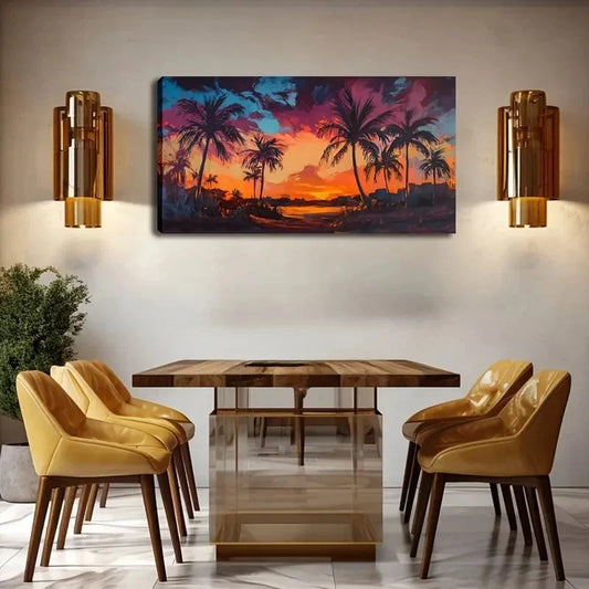 Scene With Palm Trees & Ocean Wall Art Canvas Office Home Room Framed 80x45cm