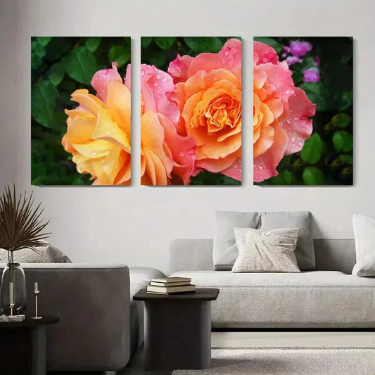 3pcs Vibrant Pink & Orange Roses Floral Metal Print Ready to Hang Art